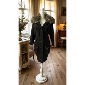 Abercrombie & Fitch Long Brown Chunky Cable Knit Faux Fur Collar Cardigan F M
